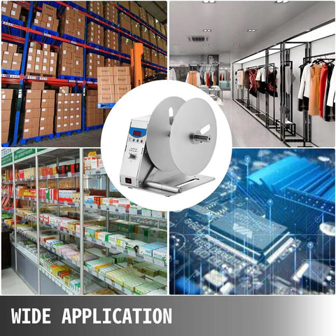 Heavy Duty Automatic Label Rewinder Machine Electric Speed Adjustable 0 To 50 Rpm in a diverse workspace setting with various products.