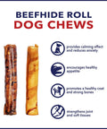 Two 100% Made In USA Beefhide 8-Inch Rolls Chew Treats For Dogs Beef And Chicken Flavor side by side with benefits listed