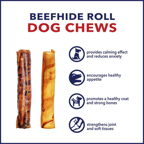 Two 100% Made In USA Beefhide 8-Inch Rolls Chew Treats For Dogs Beef And Chicken Flavor side by side with benefits listed