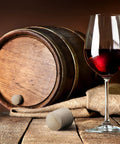 Two Inch Oak Wood Barrel Bung Stopper Set For Wine Whiskey And Beer Bottles with stopper and glass of red wine