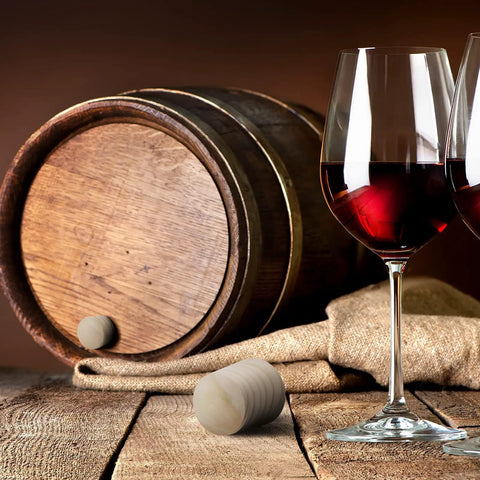 Two Inch Oak Wood Barrel Bung Stopper Set For Wine Whiskey And Beer Bottles with stopper and glass of red wine