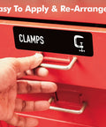 Magnetic Toolbox Labels Set With 82 Pre Printed And 8 Blank Labels for workshop tool chest, black label on red drawer.