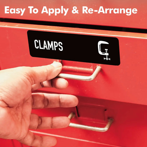 Magnetic Toolbox Labels Set With 82 Pre Printed And 8 Blank Labels for workshop tool chest, black label on red drawer.