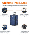 Amazon Basics softside luggage set: navy blue 23-inch expandable suitcase with wheels and front pockets, plus 15-inch tote