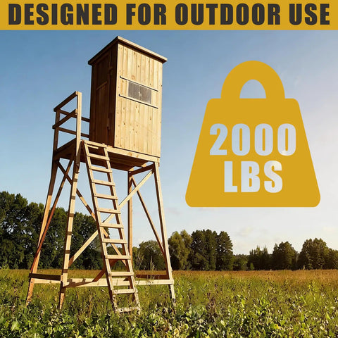 Four Piece Trail Tough Heavy Duty Steel Deer Stand Brackets For 4x4 Posts Rock Solid Hunting Setup with elevated wooden blind.