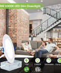 Living room with 4 Pack 6 Inch Ultra Thin LED Recessed Ceiling Lights With Junction Box, 14W Equal 100W, 1200 Lumens, 5000K Daylight