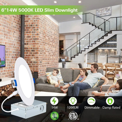 Living room with 4 Pack 6 Inch Ultra Thin LED Recessed Ceiling Lights With Junction Box, 14W Equal 100W, 1200 Lumens, 5000K Daylight