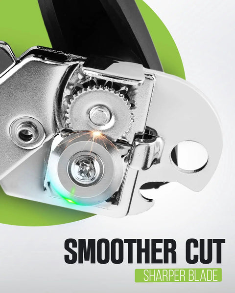 Close-up of heavy duty manual can opener with smooth cutting edge and stainless steel construction, sharper blade detail.