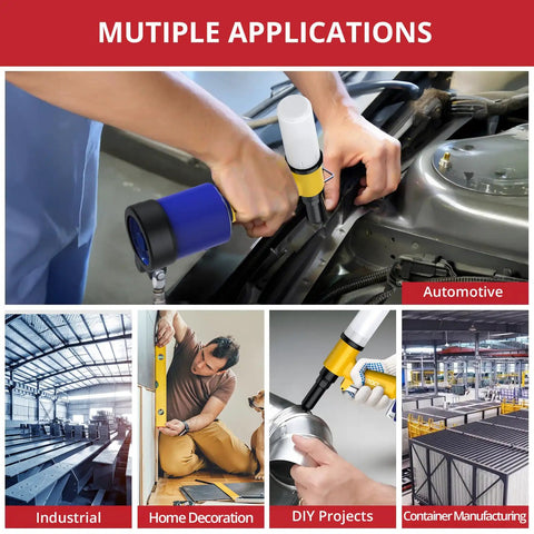 Heavy Duty Pneumatic Rivet Gun With Four Swappable Nozzles For Aluminum Steel Iron Fasteners in use for automotive applications.