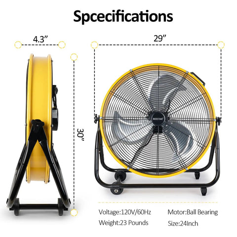 Dimensions of Beast 24 Inch Industrial Drum Fan High Velocity Heavy Duty Metal Blower 8800 CFM 3 Speed Tilt 360 Degree 1/3 HP Motor