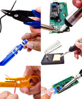 60W Adjustable Soldering Iron Kit With 25 In 1 Tool Set, tools in use for electronics repair, wire cutter, desoldering pump, soldering iron
