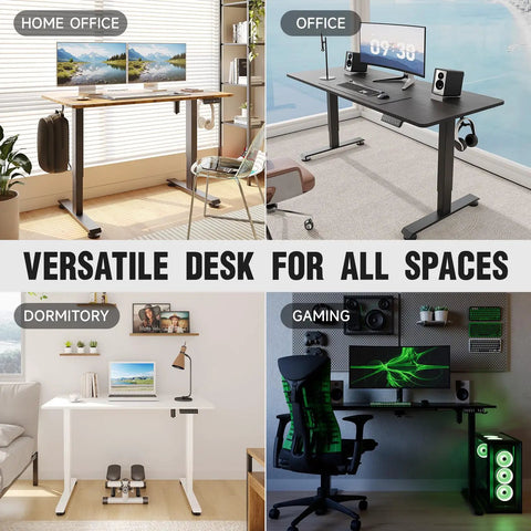 47.2 Inch Electric Standing Desk With Wood Desktop Height Adjustable Sit Stand Workstation shown in various room setups.