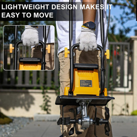 Person carrying 12 Inch Corded Tiller Cultivator with 8.5 Amp Power, 360 RPM Rototiller for Gardening, lightweight design