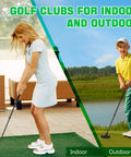 Two Way Mini Golf Putter Set For Right Or Left Handed Players With Adjustable Length Training Club Includes Ball And Flag Cup Ideal For Men Women Teens And Adults Learning And Practicing At Home, showing woman practicing indoors and boy outdoors.