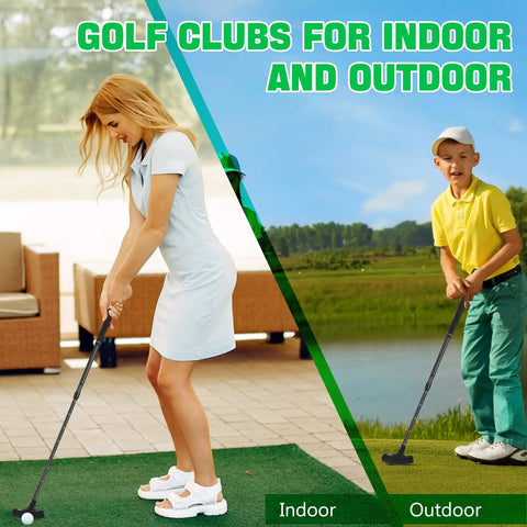 Two Way Mini Golf Putter Set For Right Or Left Handed Players With Adjustable Length Training Club Includes Ball And Flag Cup Ideal For Men Women Teens And Adults Learning And Practicing At Home, showing woman practicing indoors and boy outdoors.