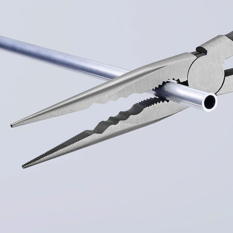 11 Inch Extra Long Needle Nose Pliers Straight Jaw With Slim Half Round Tips gripping a metal rod, showcasing four groove gripping zones.