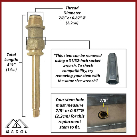 Diagram of faucet trim kit stem with dimensions and installation notes, highlighting thread diameter and total length for compatibility.