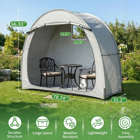 Bike Tent Outdoor Portable Bicycle Storage Shed With 210D Oxford Fabric PU4000 Waterproof Cover, shown with chairs and table inside