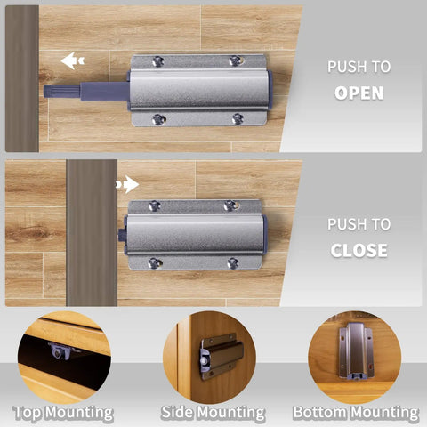 4 Pack Magnetic Push To Open Latches for Cabinets and Drawers showing open and close mechanism with mounting options.