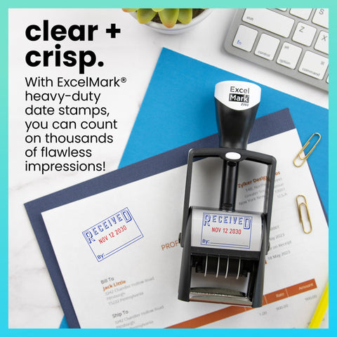 Built Hella Tough Heavy Duty Self Inking Date Stamp Featuring Dual Blue And Red Roller Ink on office documents.
