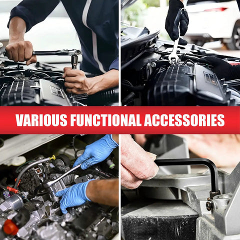 Professional Mechanics Tool Set With 1/4 Inch, 3/8 Inch And 1/2 Inch Drive Sockets, 202 Piece Kit Including Ratchets, Wrenches, Sockets And Specialty Bits For Automotive Repair And Outdoor Maintenance In A Durable Toolbox used on car engine.