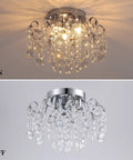 Small Crystal Chandelier Flush Mount Ceiling Light Three Light Modern Sleek Chrome Iron Raindrop Fixture in on and off states.