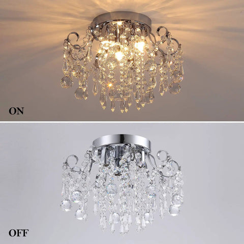 Small Crystal Chandelier Flush Mount Ceiling Light Three Light Modern Sleek Chrome Iron Raindrop Fixture in on and off states.