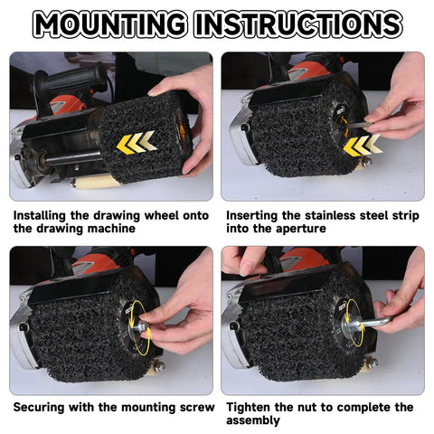 Diamond Surface Conditioning Drum 4.5 Inch 36 Grit Wire Drawing Wheel installation on burnishing machine with mounting instructions.