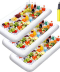 Three Pack Inflatable Serving Bars Cooler Set With Drain Plug Large 51.5 By 24.5 Inch Ice Buffet Trays filled with food and drinks