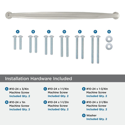 Polished Nickel Kane Appliance Pull Nineteen And A Quarter Inch Overall Length Eighteen Inch Center To Center One Pack Drawer Pull with installation hardware.