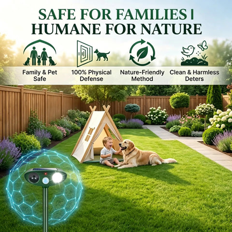 Family and pet safe garden with Four Pack Solar Ultrasonic Animal Deterrents For Gardens And Lawns With Motion Activated Led Strobe Light