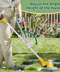 Person using Upgraded Ergonomic Weed Eater Handle With Non Slip Grip Adjustable Shoulder Harness And Bracket Clamp Universal Back Saver Trimmer Handle Extension For Easy Lawn Care And Yard Trimming