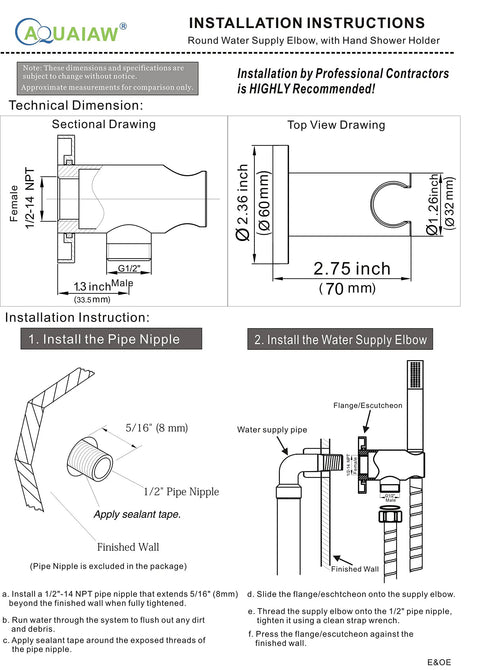 Technical drawing of Heavy Duty Solid Brass Wall Supply Elbow With O Ring Flange And Hand Shower Holder One Half NPT Female Inlet Round Chrome Wall Union Hand Shower Bracket G Half Inch Outlet No Fuss Easy Install Durable Water Supply Upgrade