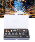 All In One 17Pcs TIG Torch Consumables Kit With Glass Nozzles Gun Tails Tungsten Clamps Silicone Ring Guide Pieces And Fixed Sleeve For WP 17 WP 18 And WP 27 Welders Pro Grade Essential For Precision Welds. Image shows kit in open case with various components
