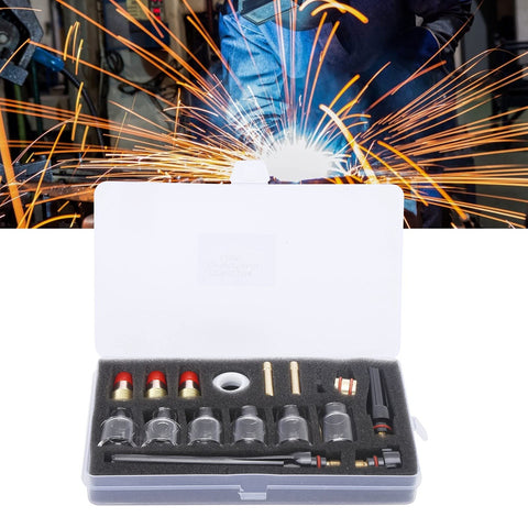All In One 17Pcs TIG Torch Consumables Kit With Glass Nozzles Gun Tails Tungsten Clamps Silicone Ring Guide Pieces And Fixed Sleeve For WP 17 WP 18 And WP 27 Welders Pro Grade Essential For Precision Welds. Image shows kit in open case with various components