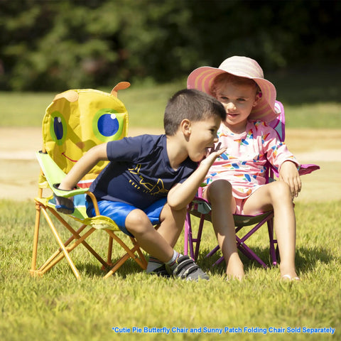 Children sitting on Giddy Buggy Kid-Sized Folding Lawn And Camping Chair With Cup Holder, water-resistant fabric in a grassy area.