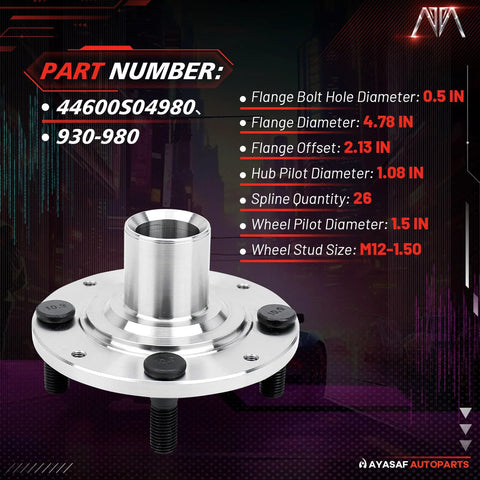 Front Wheel Hub Assembly Driver And Passenger Side For Honda Civic 1992-2000 Dx Cx Lx Gx And 1996-2000 Civic Hx Plus 1993-1997 Del Sol Si S Bearing Hub Replacement Exact Fit Bolt On Ride Ready Durable, displaying product dimensions and specifications.