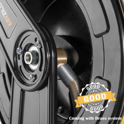 Close-up of Premium Steel Retractable Air Hose Reel With Dual Arm Three Eighths Inch By Sixty Five Feet Hybrid Polymer Hose