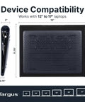 17 Inch Dual Fan Laptop Chill Mat With Soft Neoprene Surface, showing side and front view with dimensions, compatible with 12" to 17" laptops.