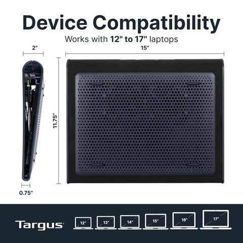 17 Inch Dual Fan Laptop Chill Mat With Soft Neoprene Surface, showing side and front view with dimensions, compatible with 12" to 17" laptops.