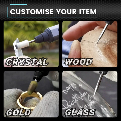 Cordless Rotary Tool Kit With 36 Bits and Aluminum Case engraving crystal, wood, gold, and glass surfaces.