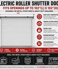 Heavy Duty Electric Roll Up Door 102 By 102 Inches Galvanized Steel Garage Barn Shutter shown with specs and features listing.