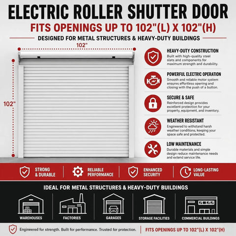Heavy Duty Electric Roll Up Door 102 By 102 Inches Galvanized Steel Garage Barn Shutter shown with specs and features listing.