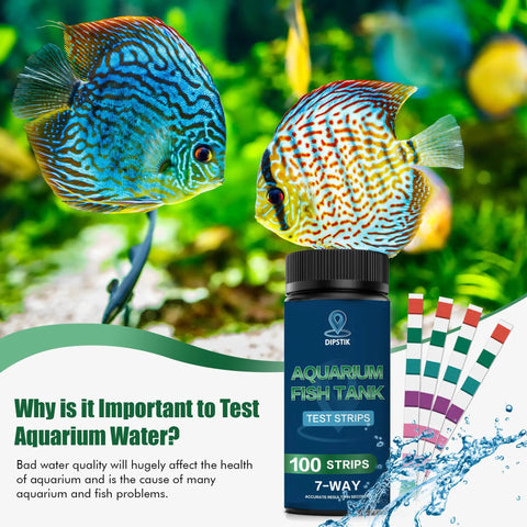 Ultimate 7 Way Aquarium Test Strips Fish Tank Water Test Kit For Freshwater And Saltwater Ponds 100 Count near colorful fish.