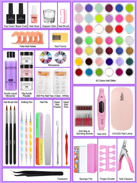 All In One Acrylic Nail Kit For Beginners With 42 Colors Glitter Powder And Monomer Liquid Pro Grade UV LED Lamp Electric Nail Drill