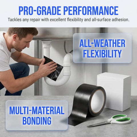 Man using Heavy Duty Waterproof Duct Tape That Sticks Like Crazy For Indoor And Outdoor Repairs A Go To Home Fix For PVC Leaks Buckets And Plumbing Sealing Moisture Resistant Seal 4.9 Feet By 0.6 Inch on plumbing pipe.