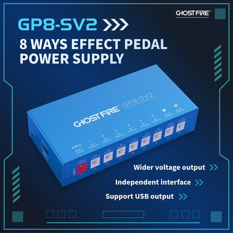 Eight Channel Isolated Pedal Power Supply With 9V 12V 15V 18V Outputs And 5V USB on blue GP8-SV2 box