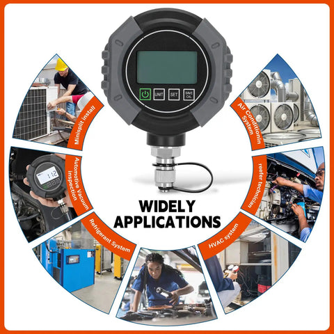 Digital HVAC Micron Vacuum Gauge 0 To 75,000 Microns With Pirani Sensor For Fast Accurate Readings And Micro Leak Detection Pro Grade Vacuum Quality Check In AC Systems used in HVAC, AC, and refrigeration