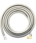 Ten Foot Stainless Steel Braided Dishwasher Hose With Burst Proof Water Supply Line Three Eighths Inch Compression To Three Eighths Inch MIP Elbow Heavy Duty Connector Flexible Durable Dishwasher Hose With Ten Year Warranty coiled view