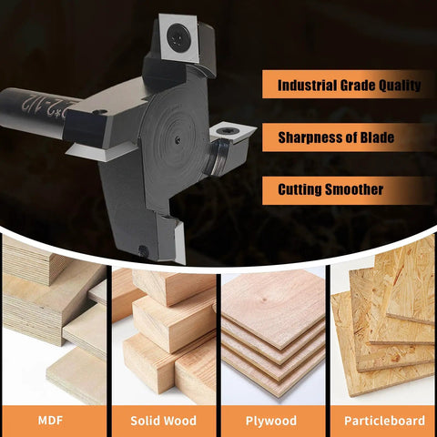 12x12x1.5mm Tungsten Carbide Inserts Set with 35 Degree Bevels showcased on a lathe tool with wood types MDF, solid wood, plywood, particleboard.